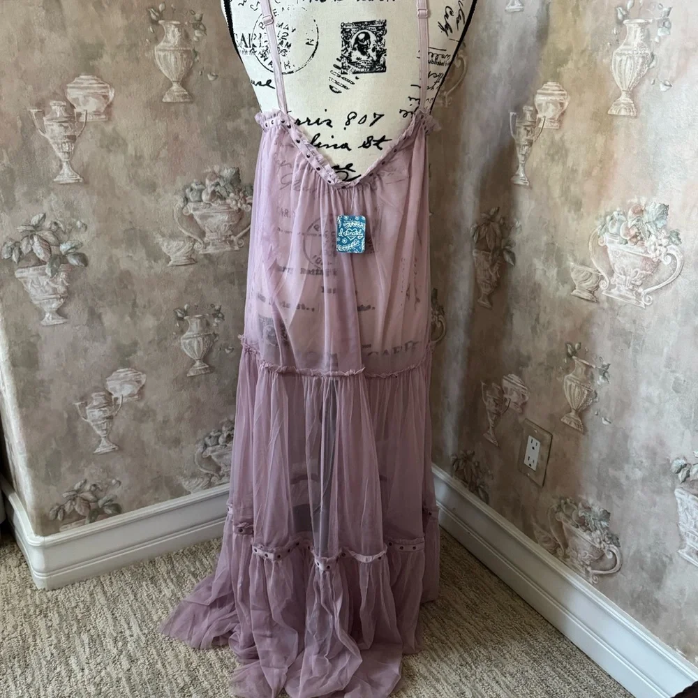 FREE PEOPLE NIGHT OUT SLEEVELESS TULLE MAXI SLIP DRESS SMALL MEDIUM PALE PINK - Picture 6 of 9